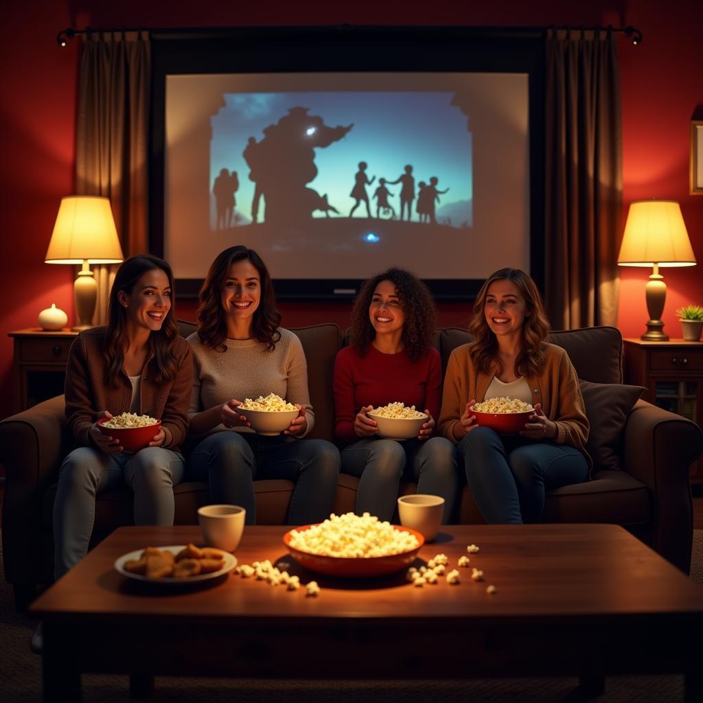 Friends gathered for a movie night, enjoying snacks and the immersive experience provided by a great soundtrack