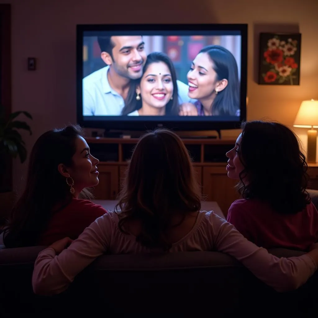 Group of Friends Enjoying a Movie Night Featuring a Desi Film