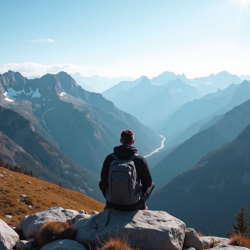 Hiker contemplating a panoramic mountain view