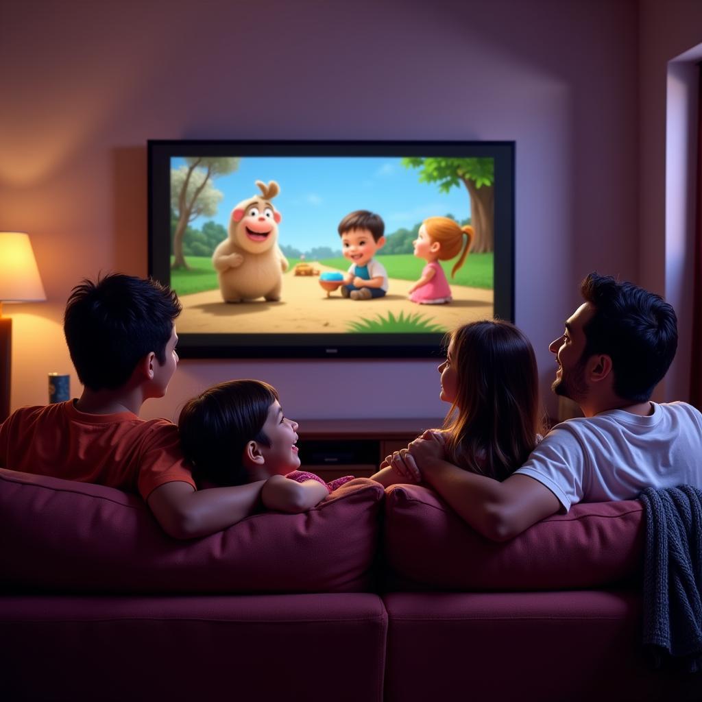 Family watching animated movie on a streaming platform