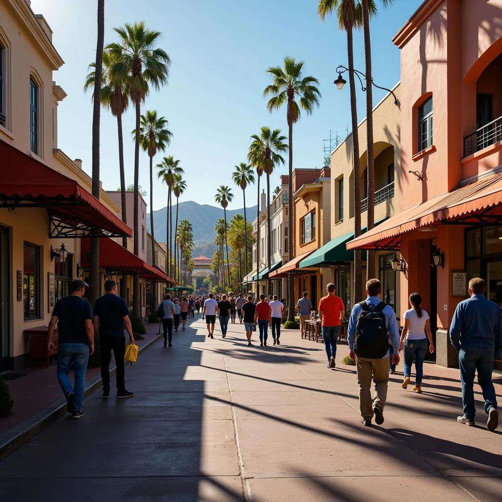 A bustling Hollywood studio lot with film crews, actors, and equipment