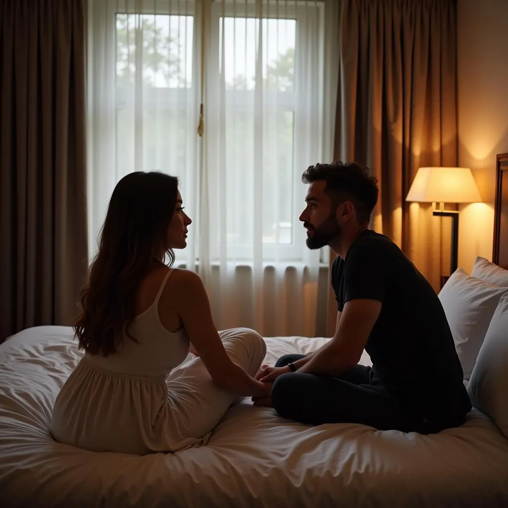 Couple having a heartfelt conversation in a hotel room