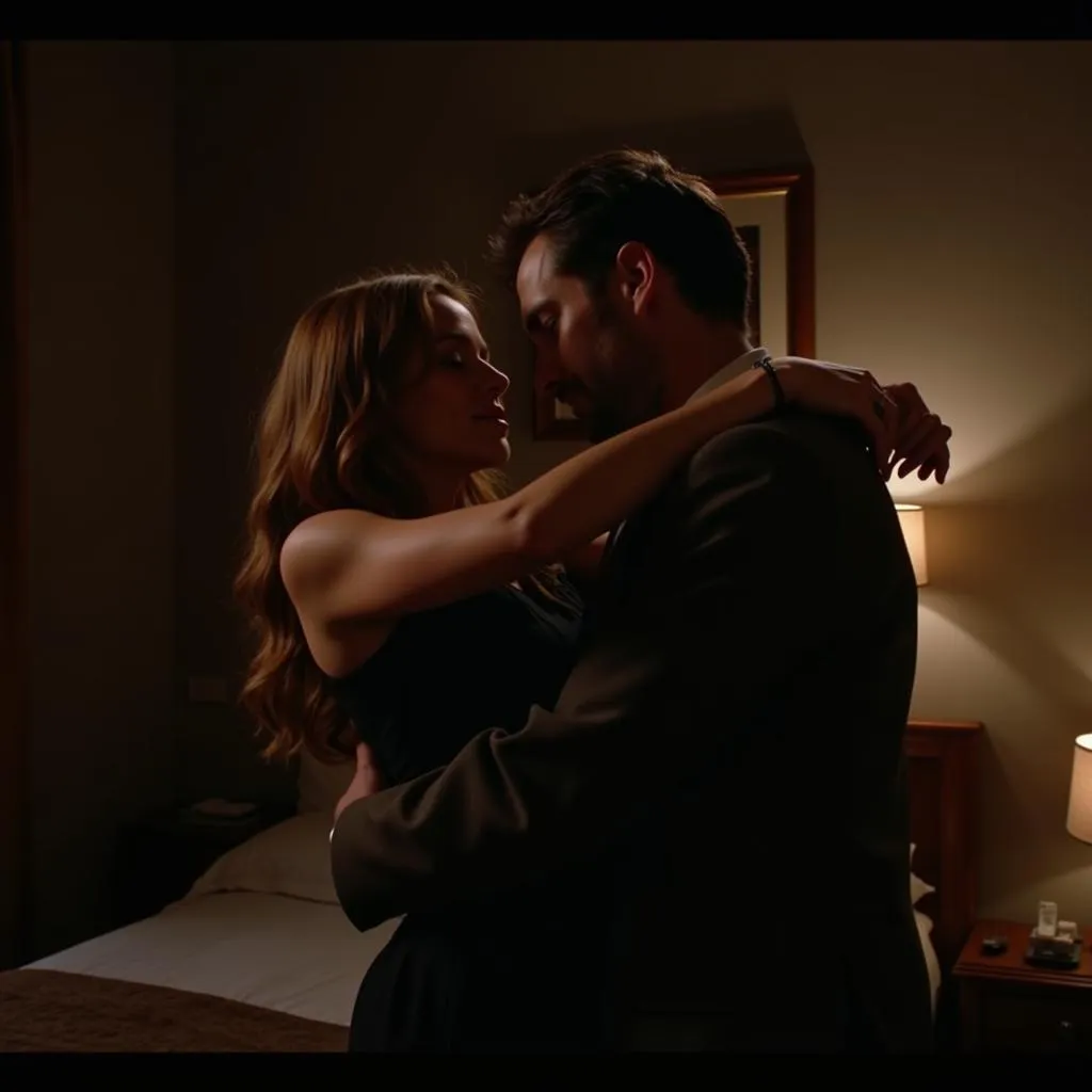 Couple embracing in a dimly lit hotel room