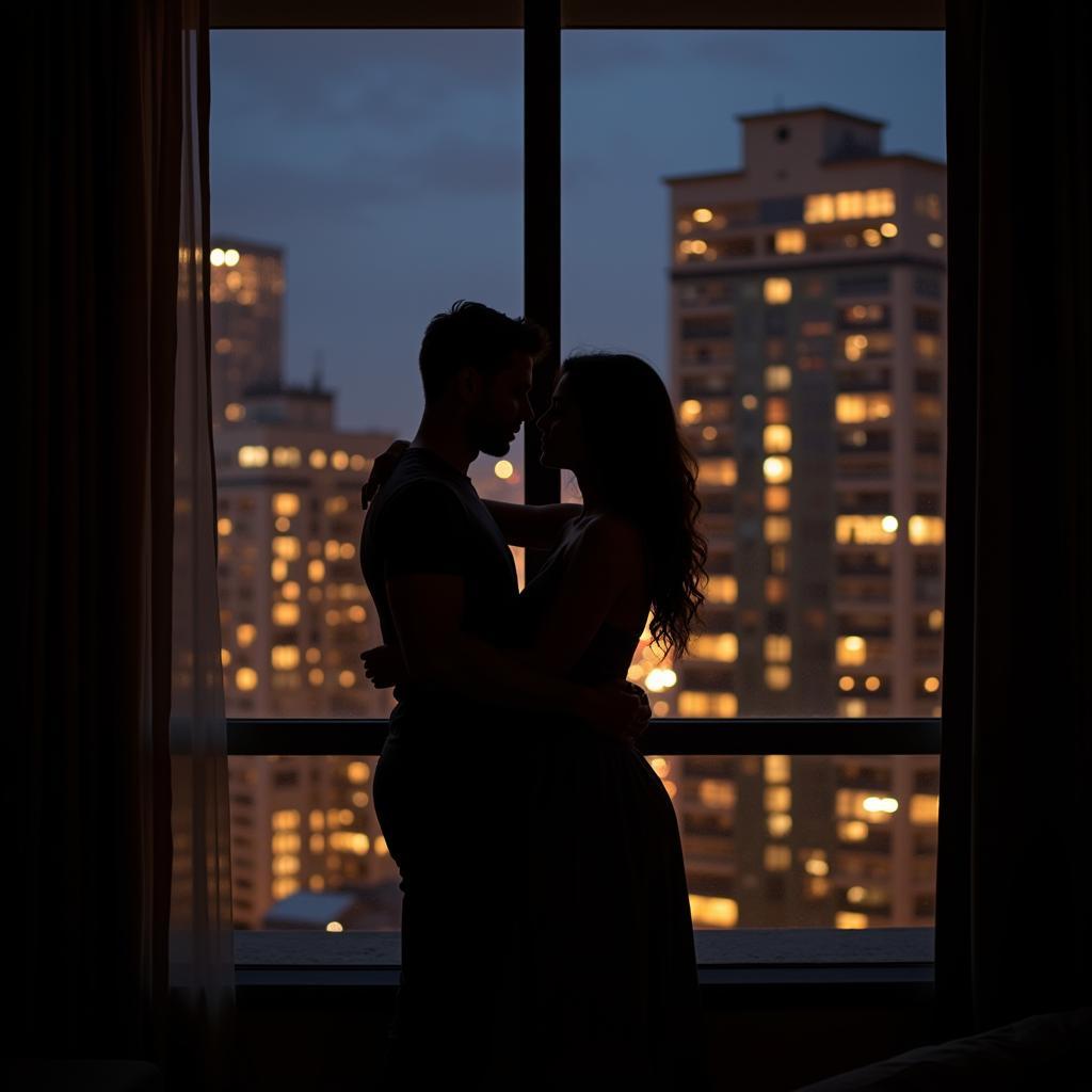 Couple embracing in a dimly lit hotel room