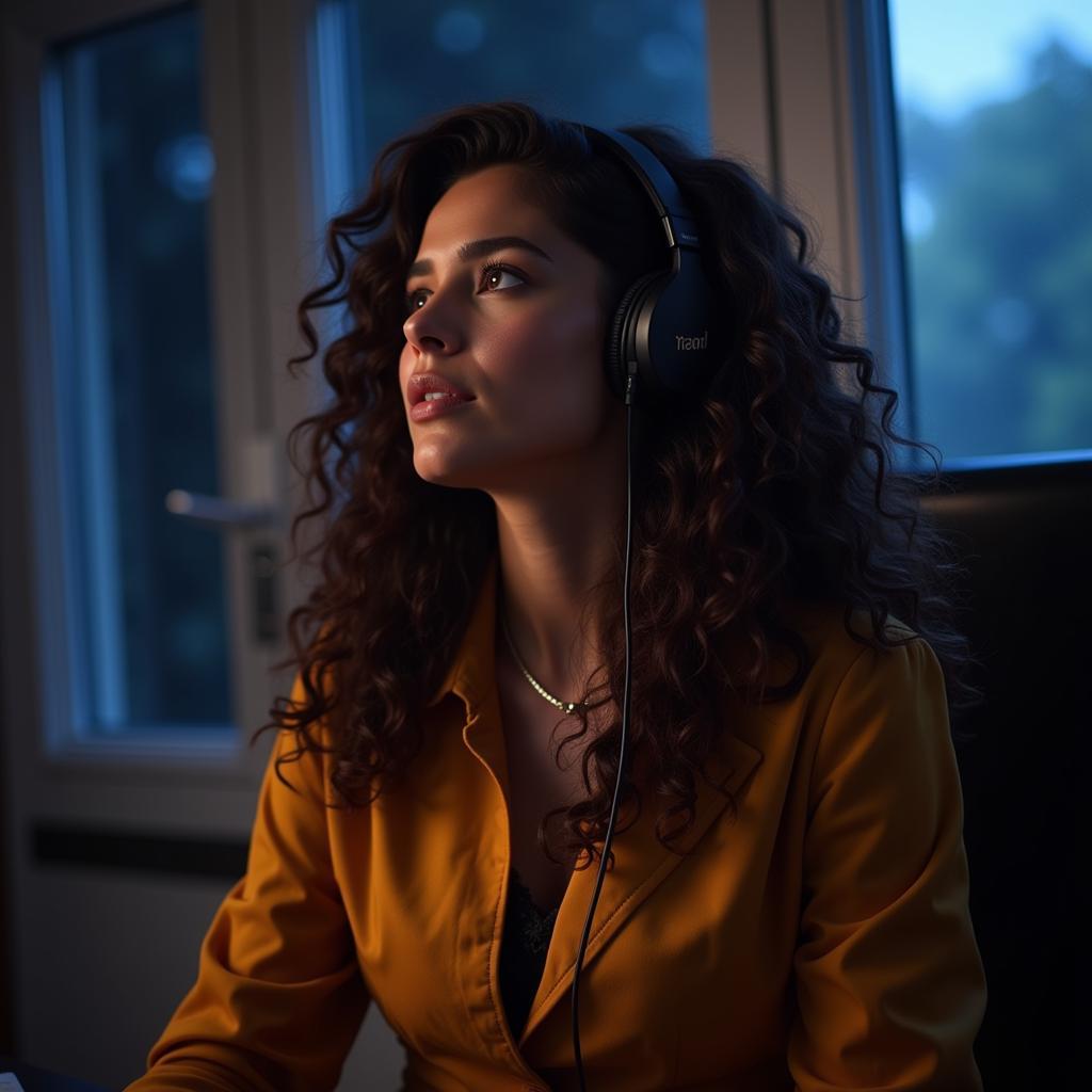 A woman enjoying "Imaikkaa Nodigal" music with headphones