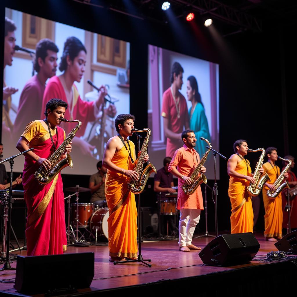 Live musicians playing saxophones during a Bollywood film concert