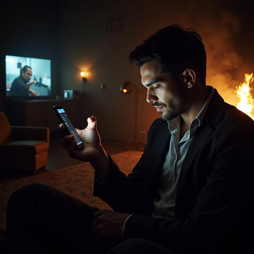 Man gripping phone with an intense movie scene playing in the background