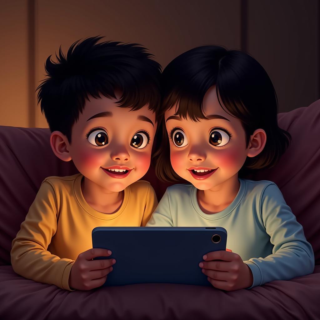 Two young children enjoying a Hindi-dubbed cartoon on a tablet.