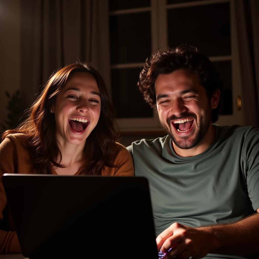 Couple laughing while watching a movie together