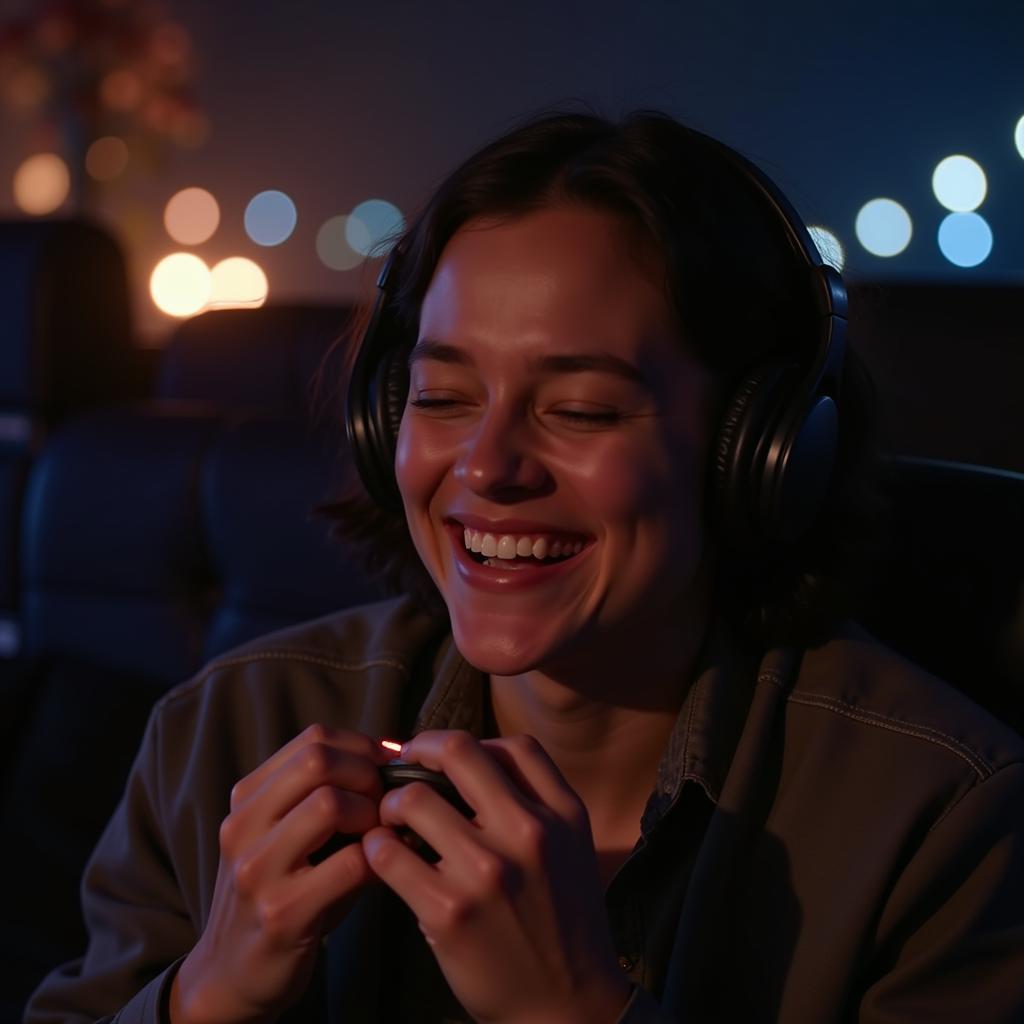 A person enjoying their downloaded movie soundtrack on headphones.