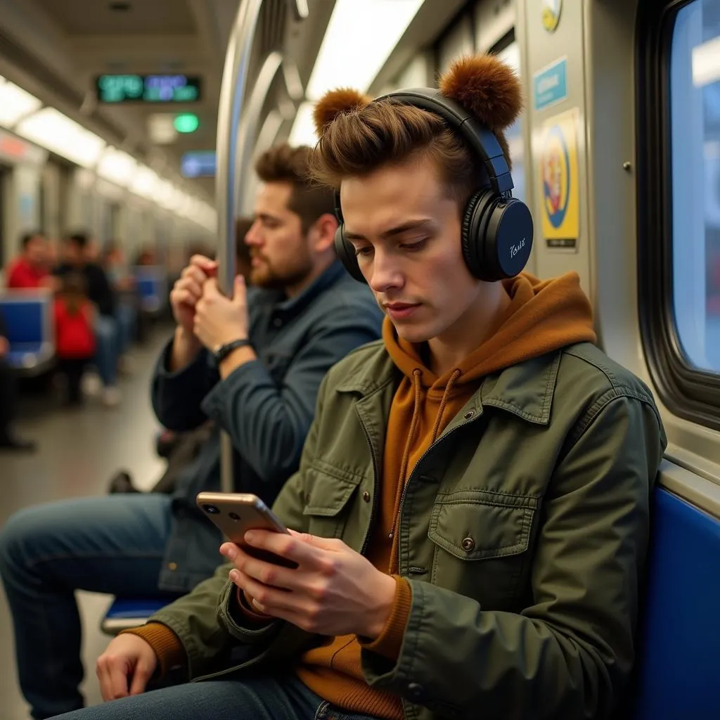 Person listening to Yogi Bear music on their phone while commuting