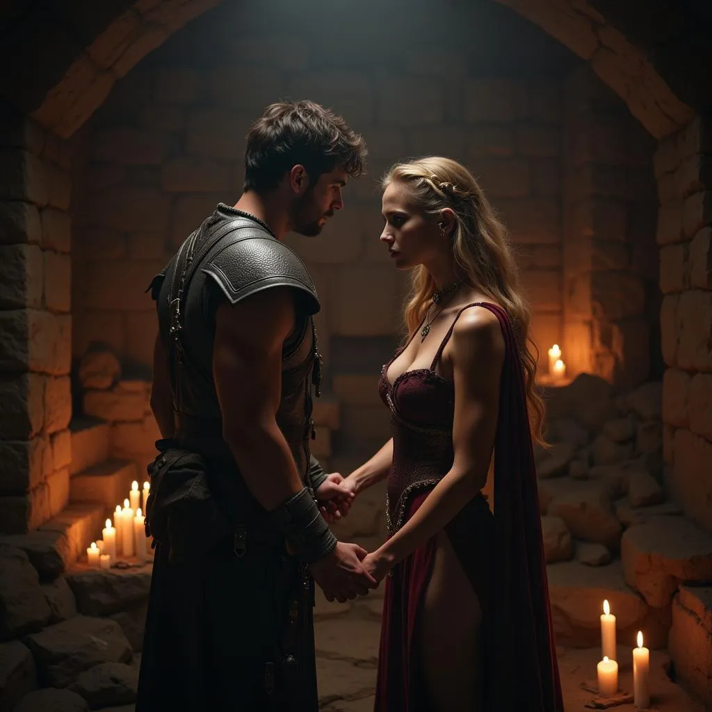 A scene from a magic sex movie featuring a passionate encounter between a sorceress and a warrior