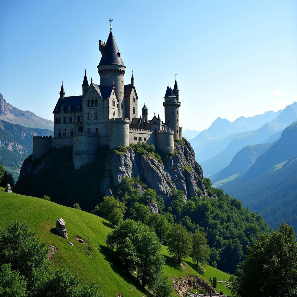 Medieval Castle Nestled in a Mountain Range