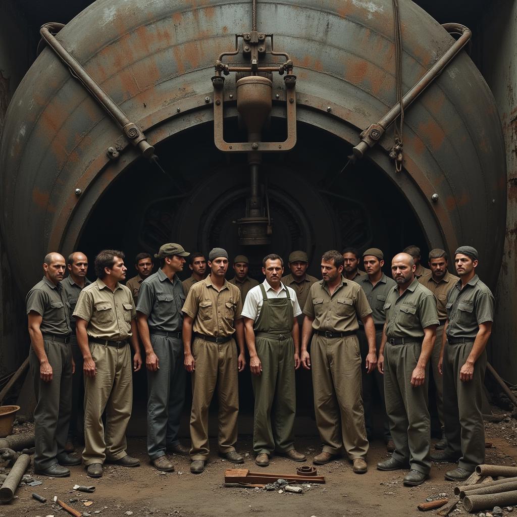 Workers surrounding a large machine in Metropolis, conveying a sense of oppression.