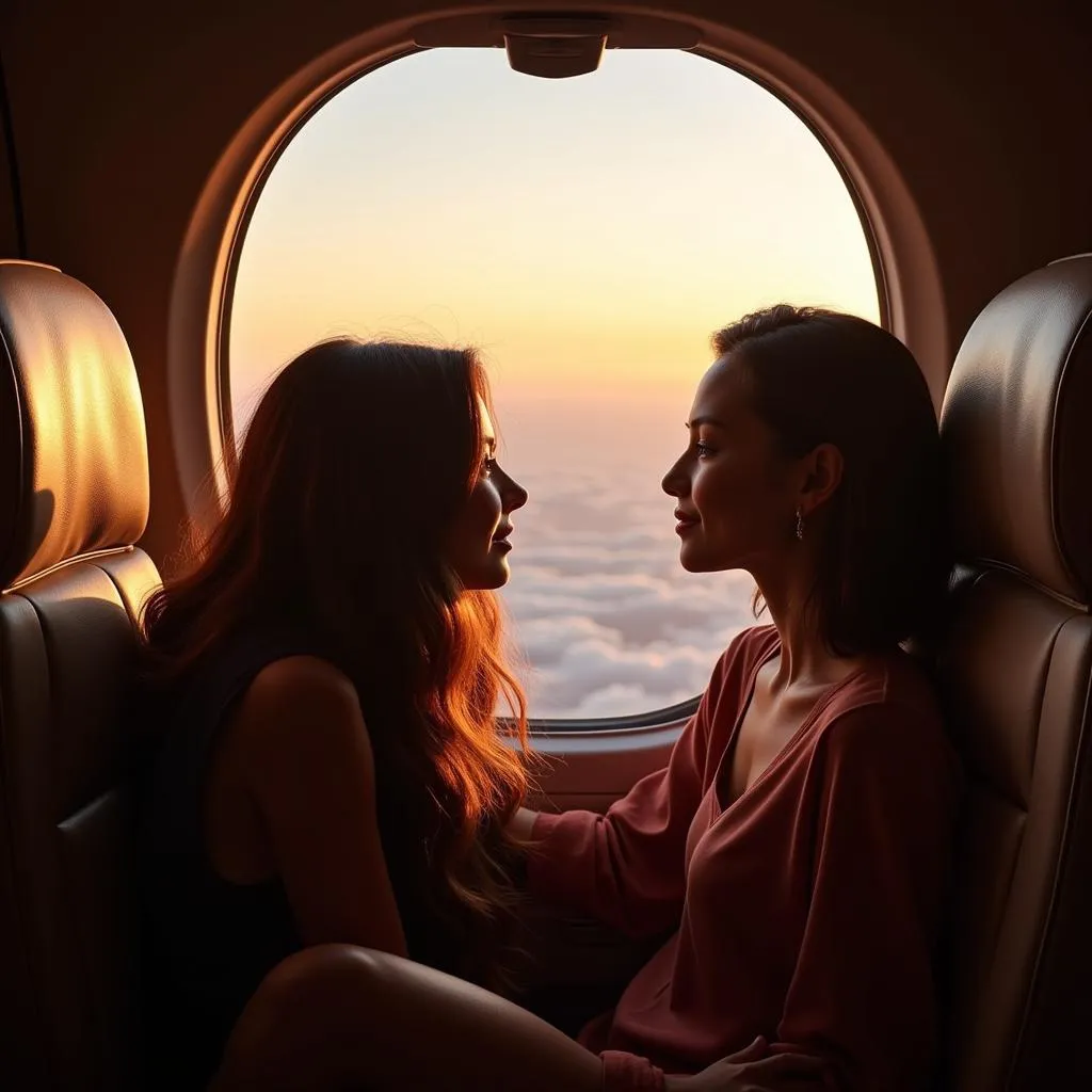 Couple looking out the window of a private jet