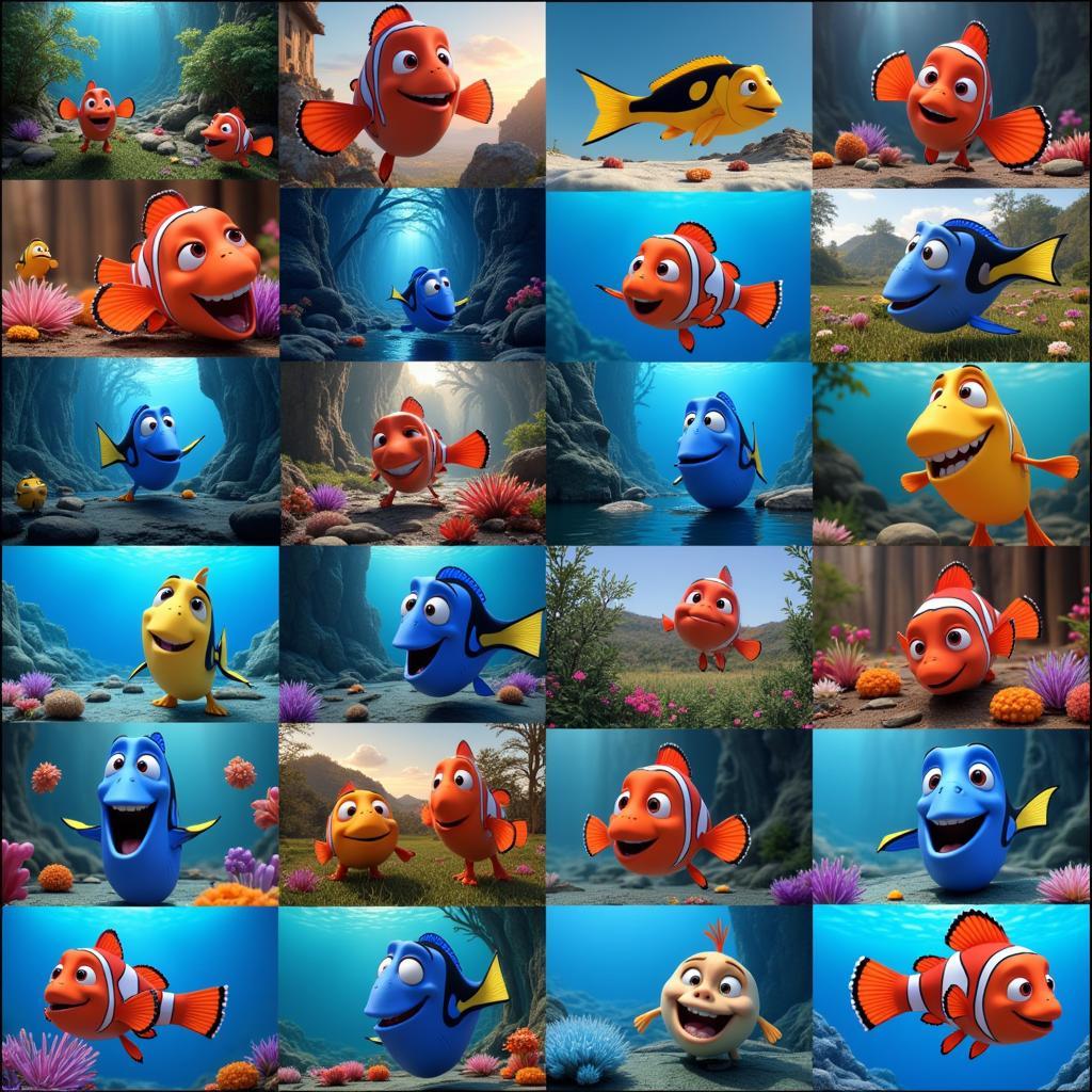 Children's movie scenes featuring animated fish