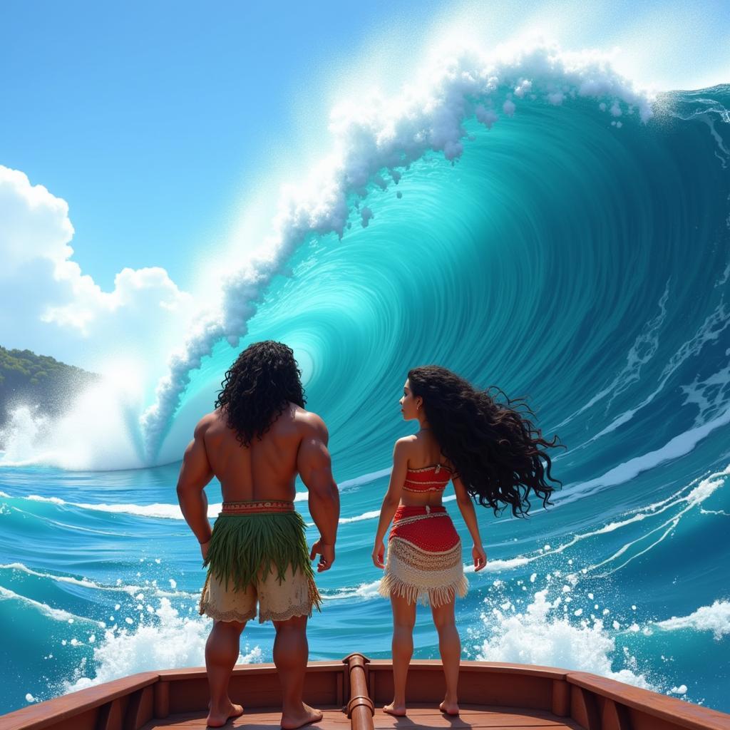 Moana and Maui sailing on their boat across the ocean