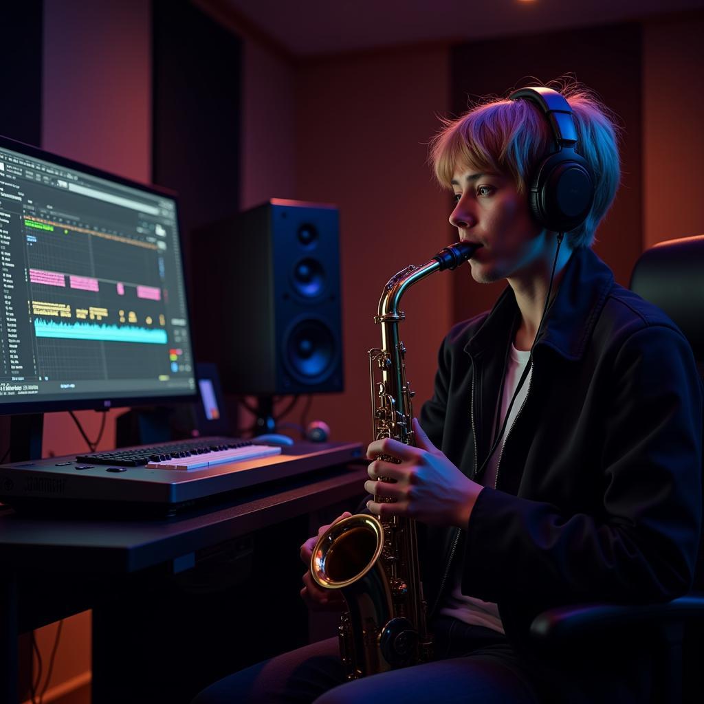 A young musician playing a saxophone in a recording studio