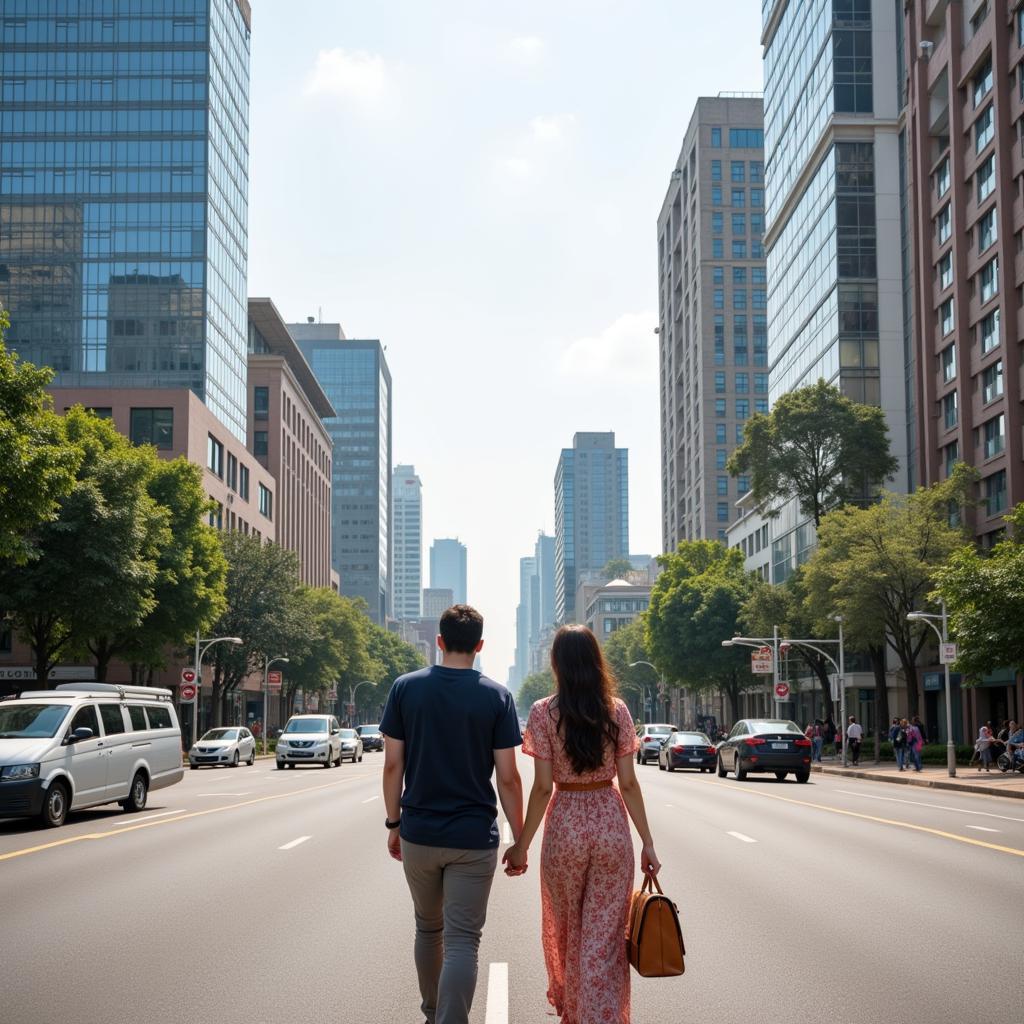 Couple walking hand-in-hand in a bustling city