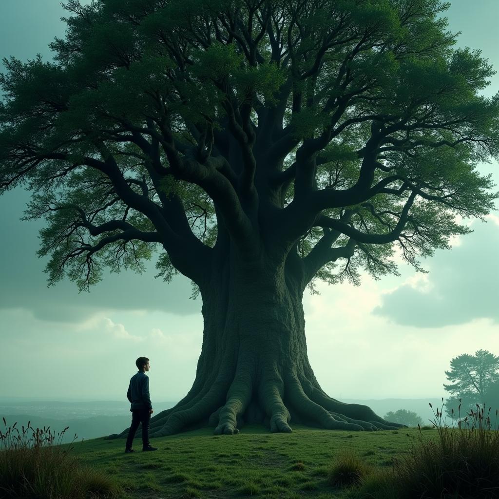 A young boy stands beneath a towering, ancient tree