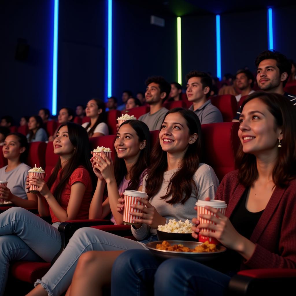 Moviegoers Enjoying Snacks and Drinks