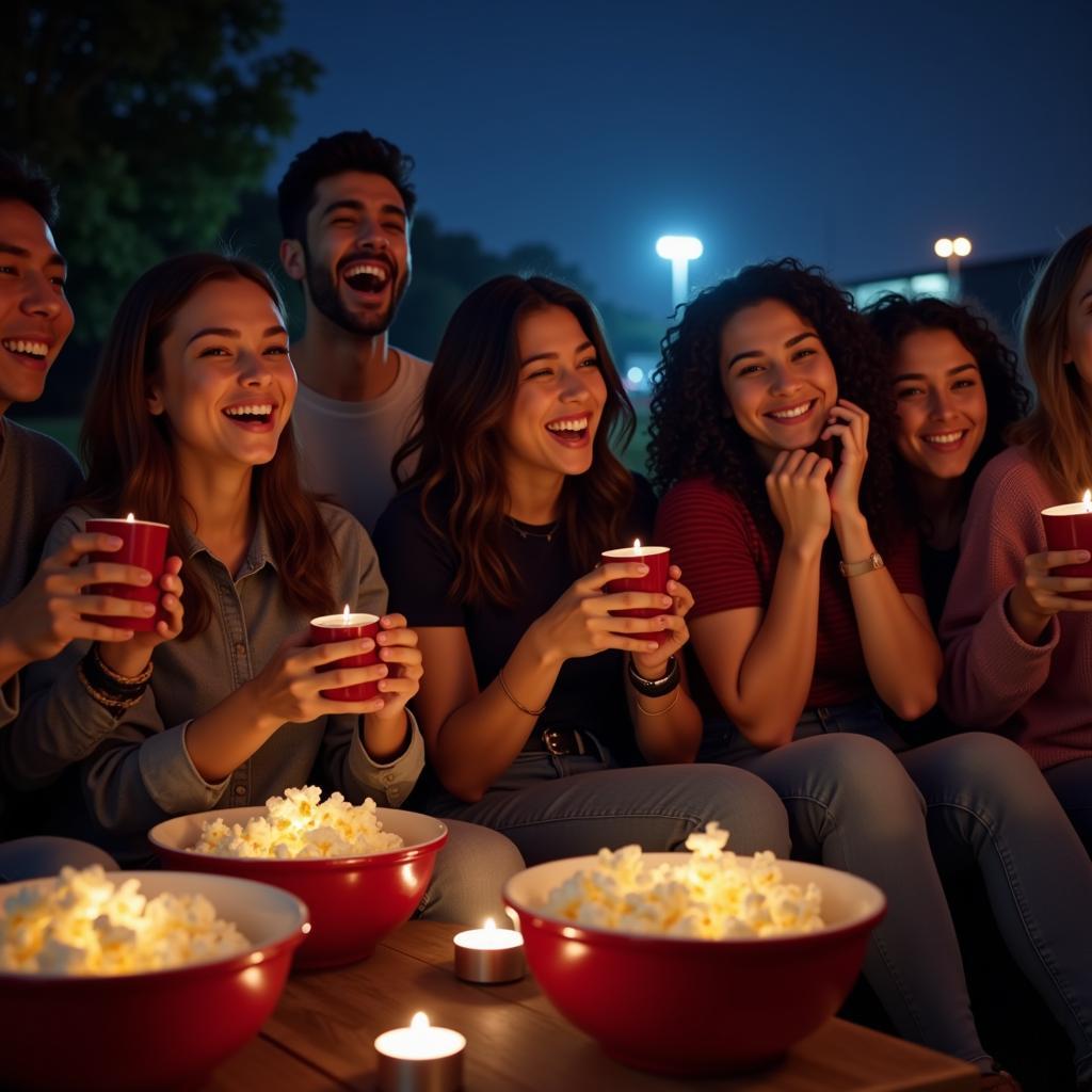 Group of friends enjoying movie night with popcorn