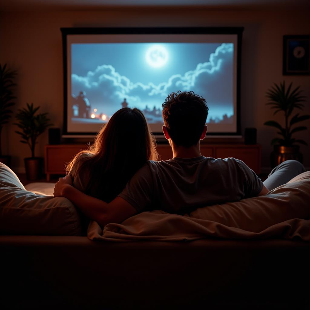 Two people cuddling on a couch while watching a movie