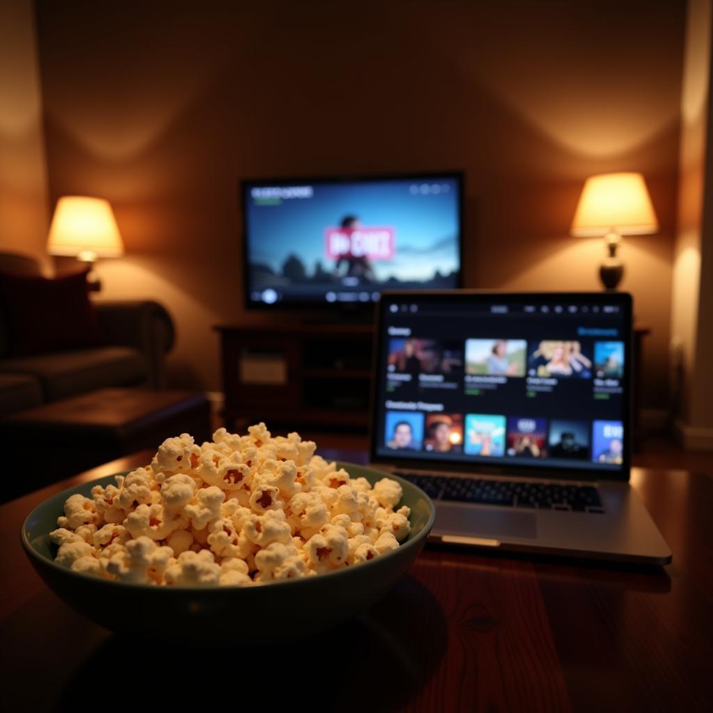 Cozy movie night with popcorn and online streaming