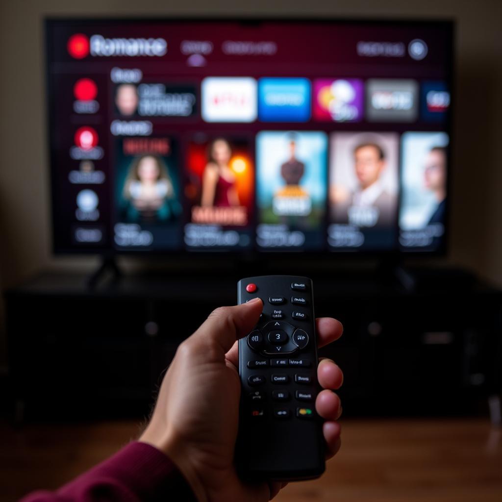 Hand holding a remote control, browsing movie titles on a television screen