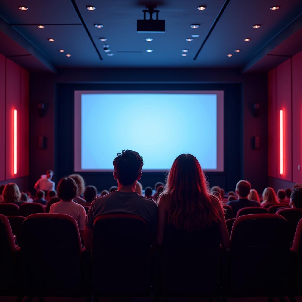  An image depicting a cozy living room setting with friends enjoying a movie night, their faces illuminated by the glow of a laptop screen displaying the "Movie USA Full HD" platform interface. 