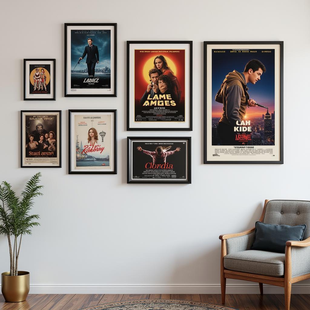 Collection of Movie Poster Frames Displayed on a Wall