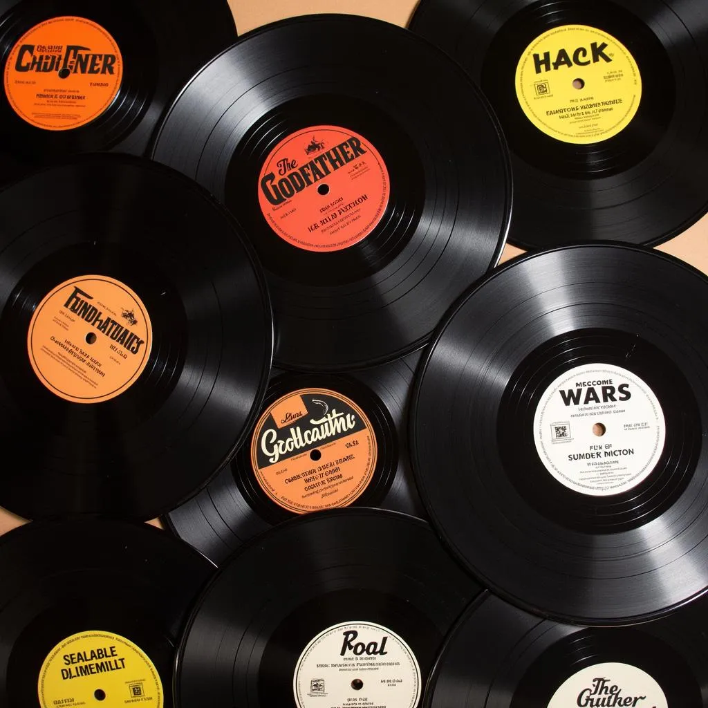 A collection of vintage vinyl records featuring iconic movie soundtracks