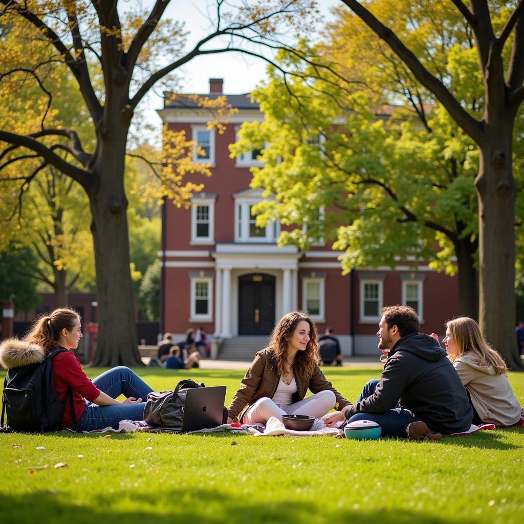 College students laughing together on campus, books and backpacks strewn around them.