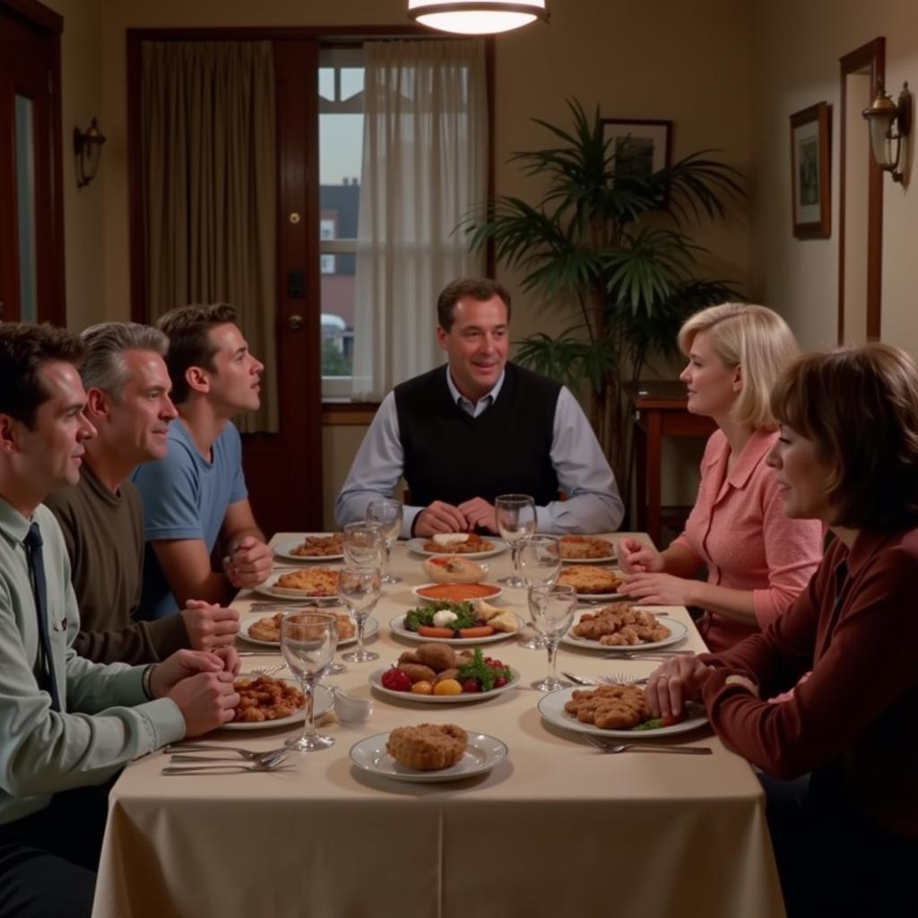 Movie still from "The Family Stone" showing the family gathered around a table