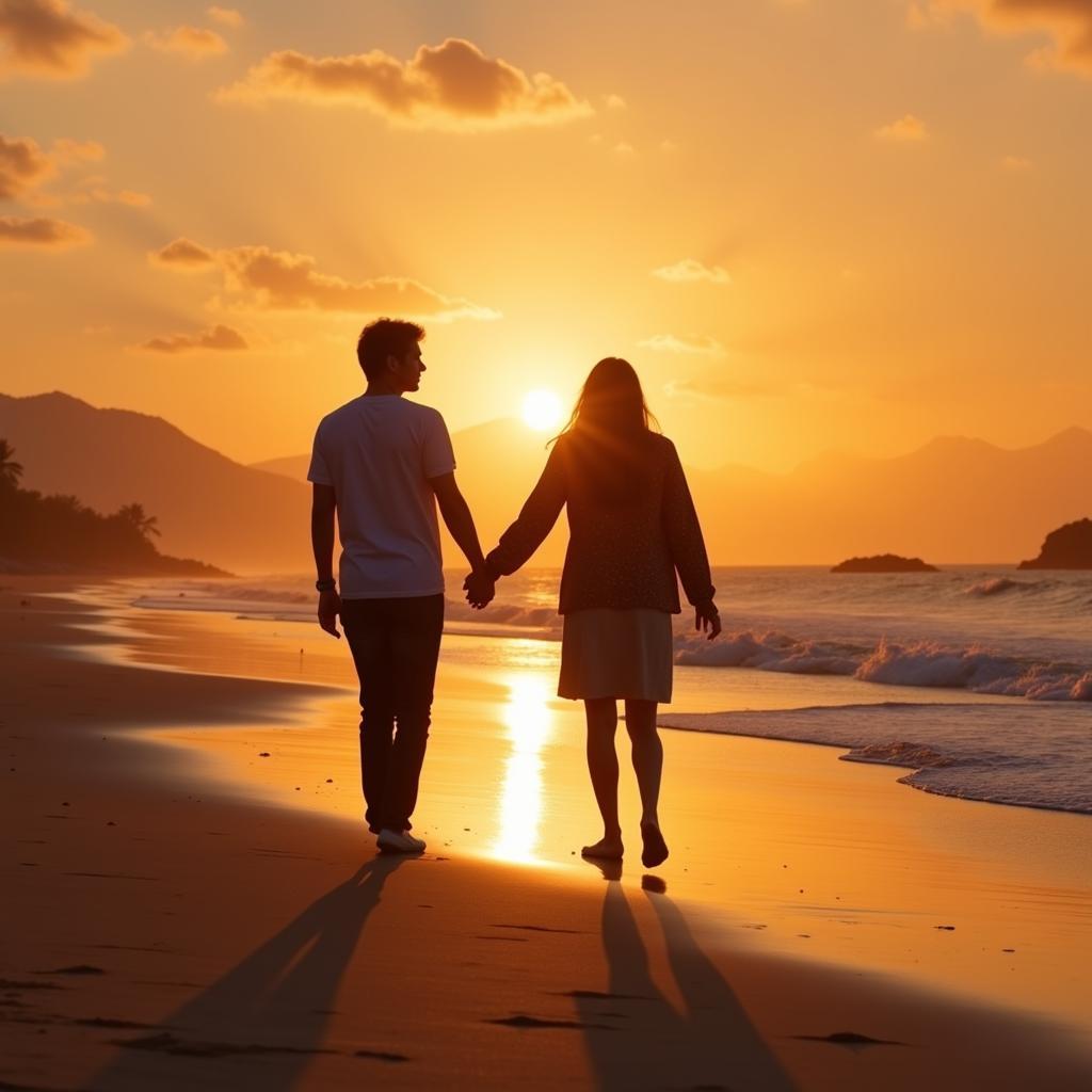 A silhouette of a couple walking hand-in-hand on a beach at sunset, representing the romantic escapism offered by films like The Vow