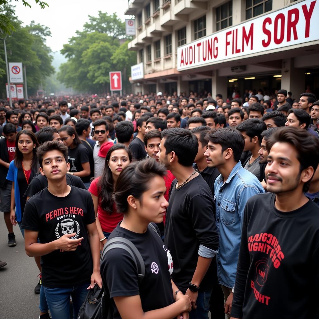 Aspiring actors waiting for their turn at a bustling film city audition in Mumbai