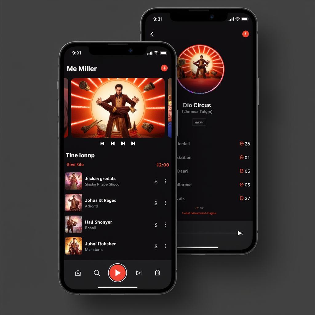 Music streaming app interface displaying song list from Circus