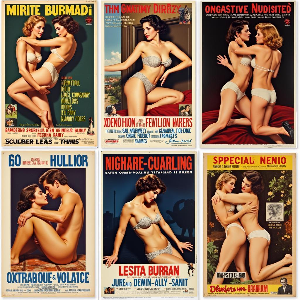 Vintage movie posters with suggestive themes.