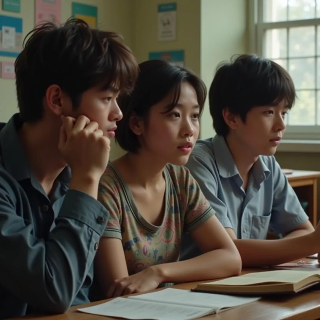 Nanban movie - The trio of friends engrossed in a classroom lecture.