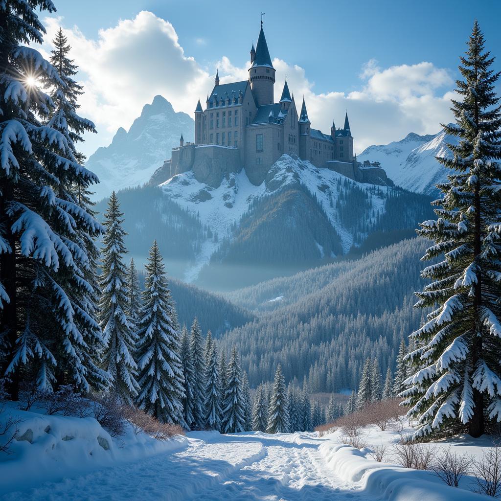 Children walking through a snowy forest towards a majestic castle