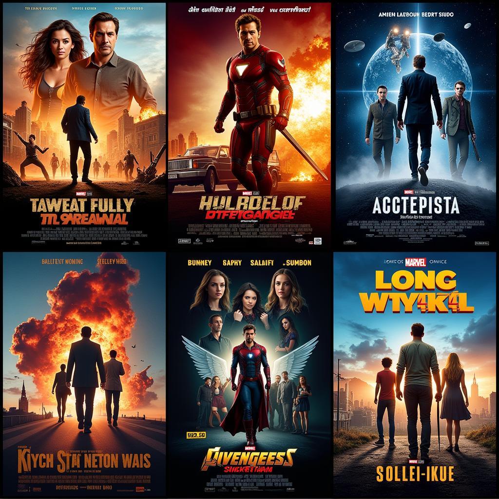 A collection of posters for popular new Hollywood movies dubbed in Hindi.