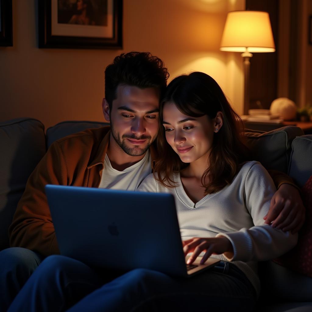 Couple streaming an 18+ movie on their laptop