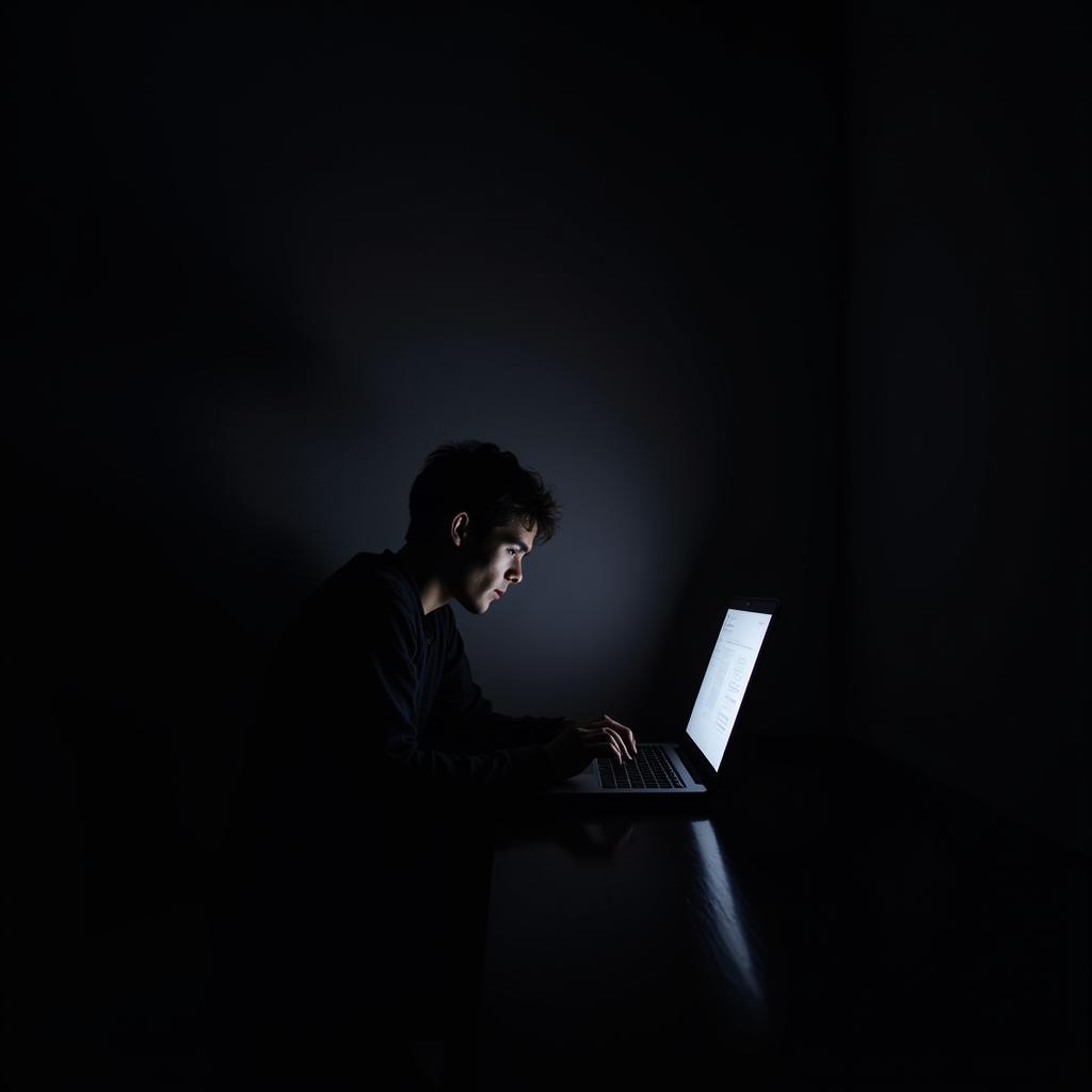 Silhouette of a teenager hunched over a laptop, visibly distressed