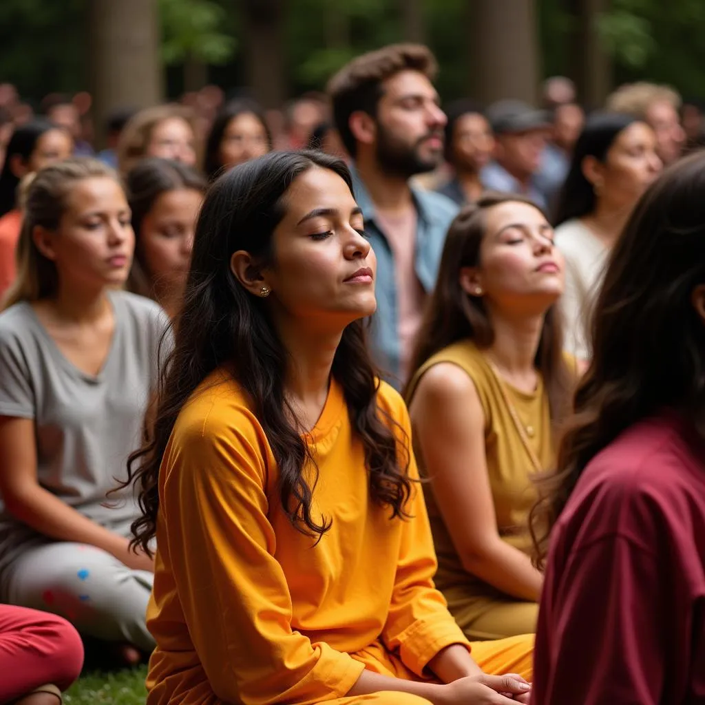 A group of people listening intently to Ramakrishna's bhajans