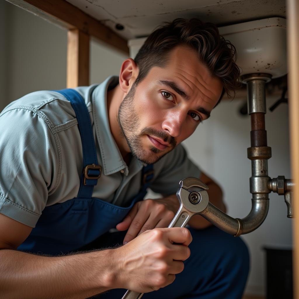 Man in a plumber uniform fixing a sink