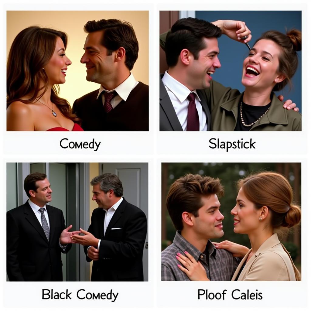 A collage representing different subgenres of comedy movies available on Movierulz, such as romantic comedy, slapstick, black comedy, and parody