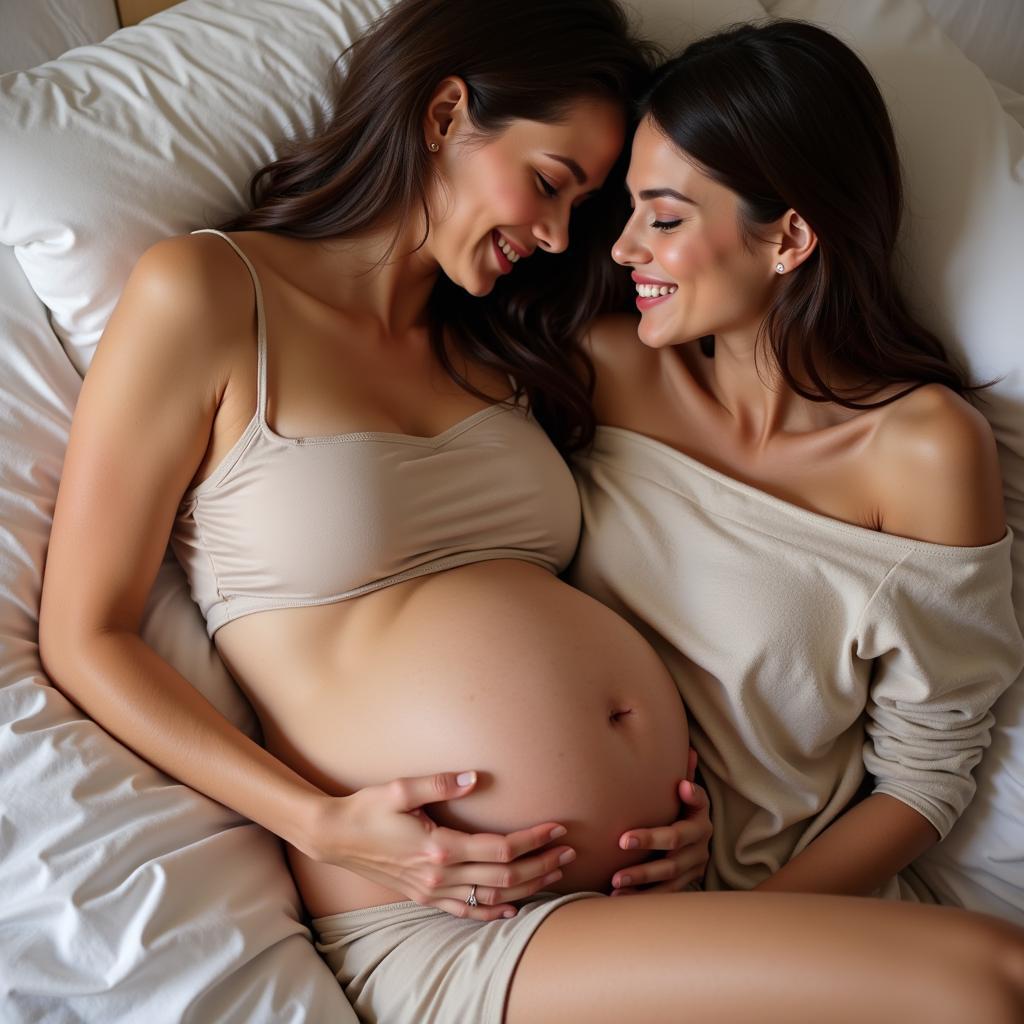 Couple Cuddling on Bed During Pregnancy