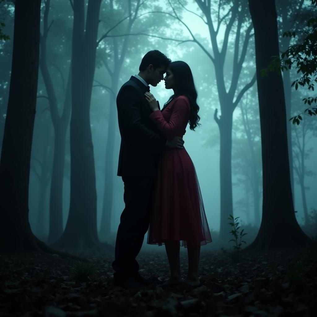 Raaz Aapke Pyaar Mein Song Lyrics - A couple embracing in a foggy forest, highlighting the romantic yet eerie atmosphere of the song.