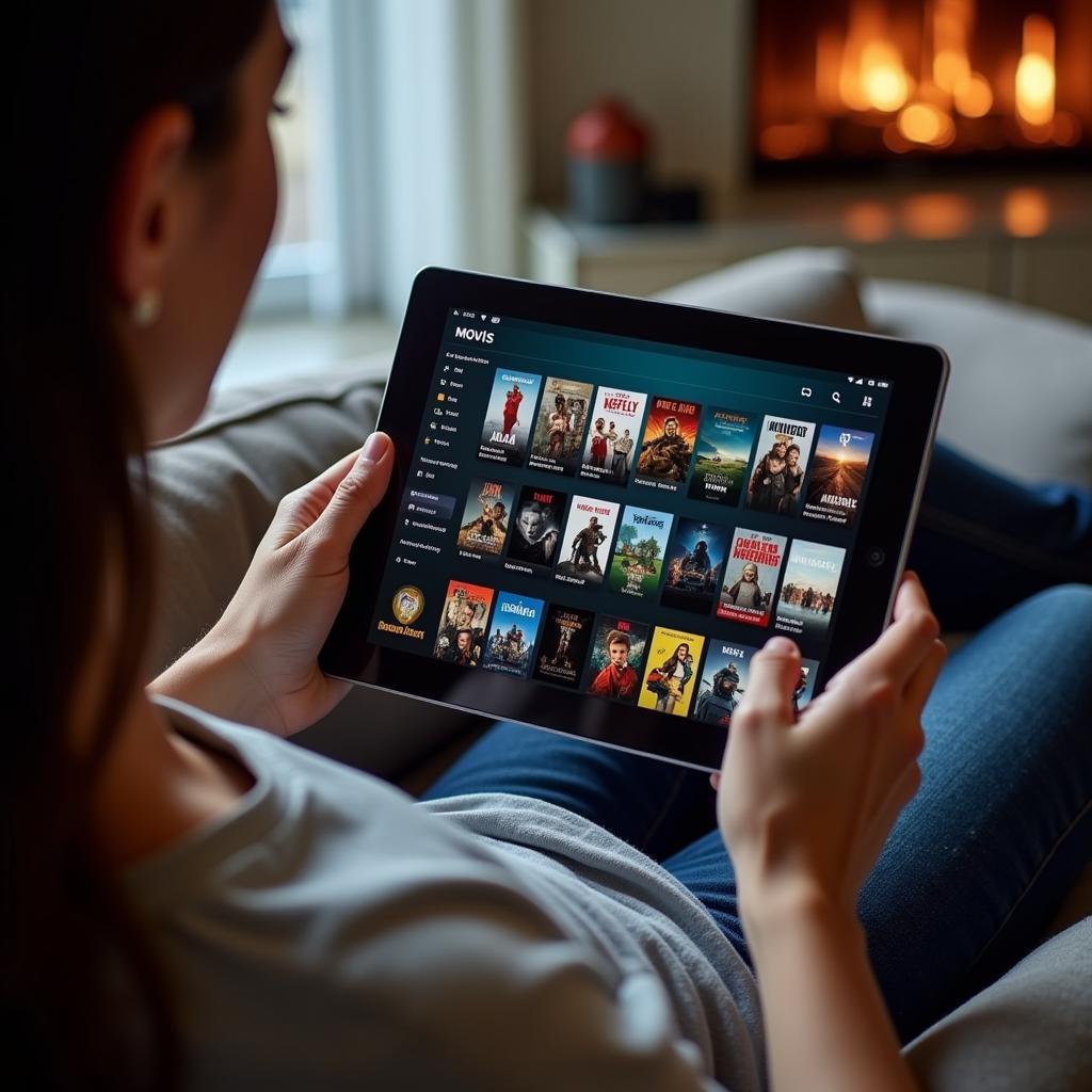 A person browsing a movie streaming platform on their tablet