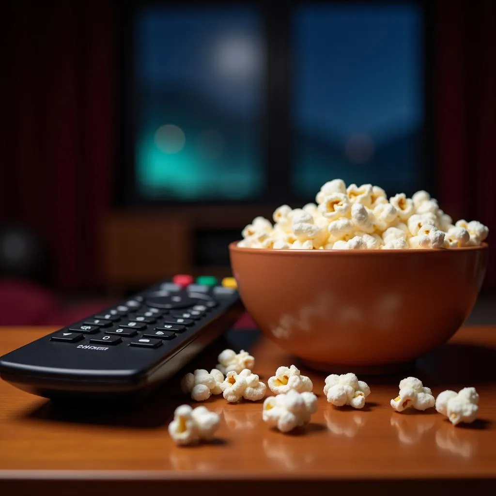 A remote control and popcorn signifying a movie night